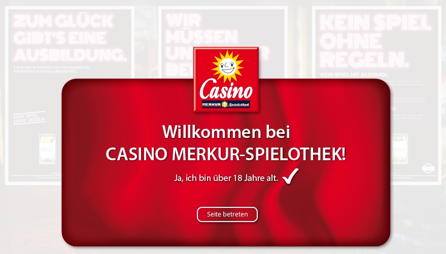 Altersverifizierung beim Zugang der Webpräsenz der Merkur-Spielotheken (www.spielothek.de). Die einzige Auswahlmöglichkeit ist hier die Taste "Seite betreten". Der Haken bei "Ja, ich bin über 18 Jahre alt" ist fix gesetzt, einfach nur ein Bild, gar nicht klickbar.