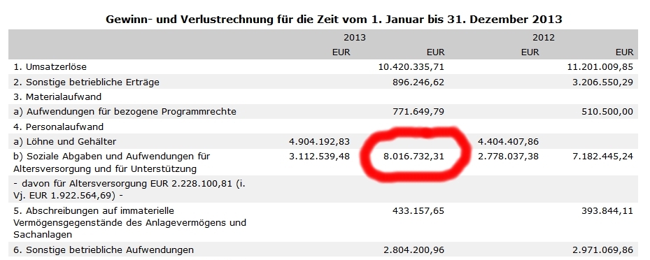 Auszug von Gewinn- und Verlustrechnungen 2013 der Degeto Film GmbH. Quelle: Bundesanzeiger.