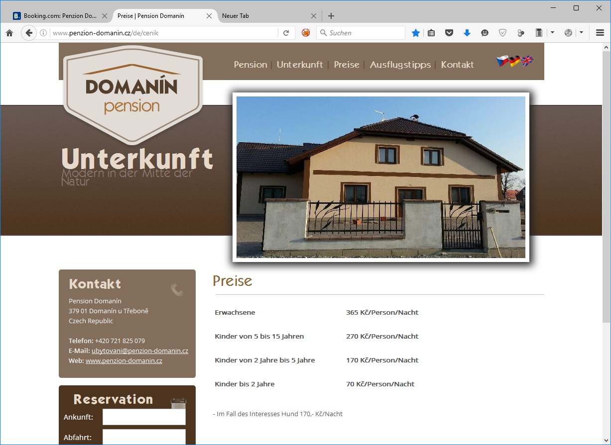Webpräsenz der Pension Domanin mit der Preisliste.