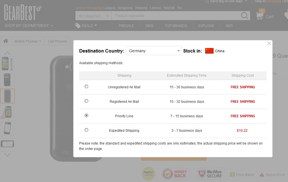 Beispiel gearbest.com: Bei den kostenlosen Versandarten wie "Priority Line" kommt die Lieferung nach rund 14 Tagen und es fällt in der Regel kein "Zoll-Klimbim" an.