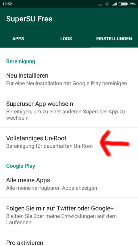 SuperSU App. Die Option "Vollständiges Un-Root" beseitigt die Entsperrung des Geräts und seinen Root-Zugriff.