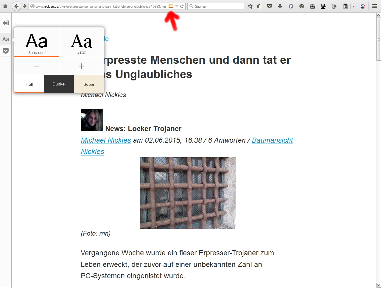 Der neue Mechanismus "Reader View" (Leseansicht) wird oben in der URL-Zeile als Bildsymbol angeboten. Einstellungen sind über eine Leiste am linken Browser-Rand erreichbar.