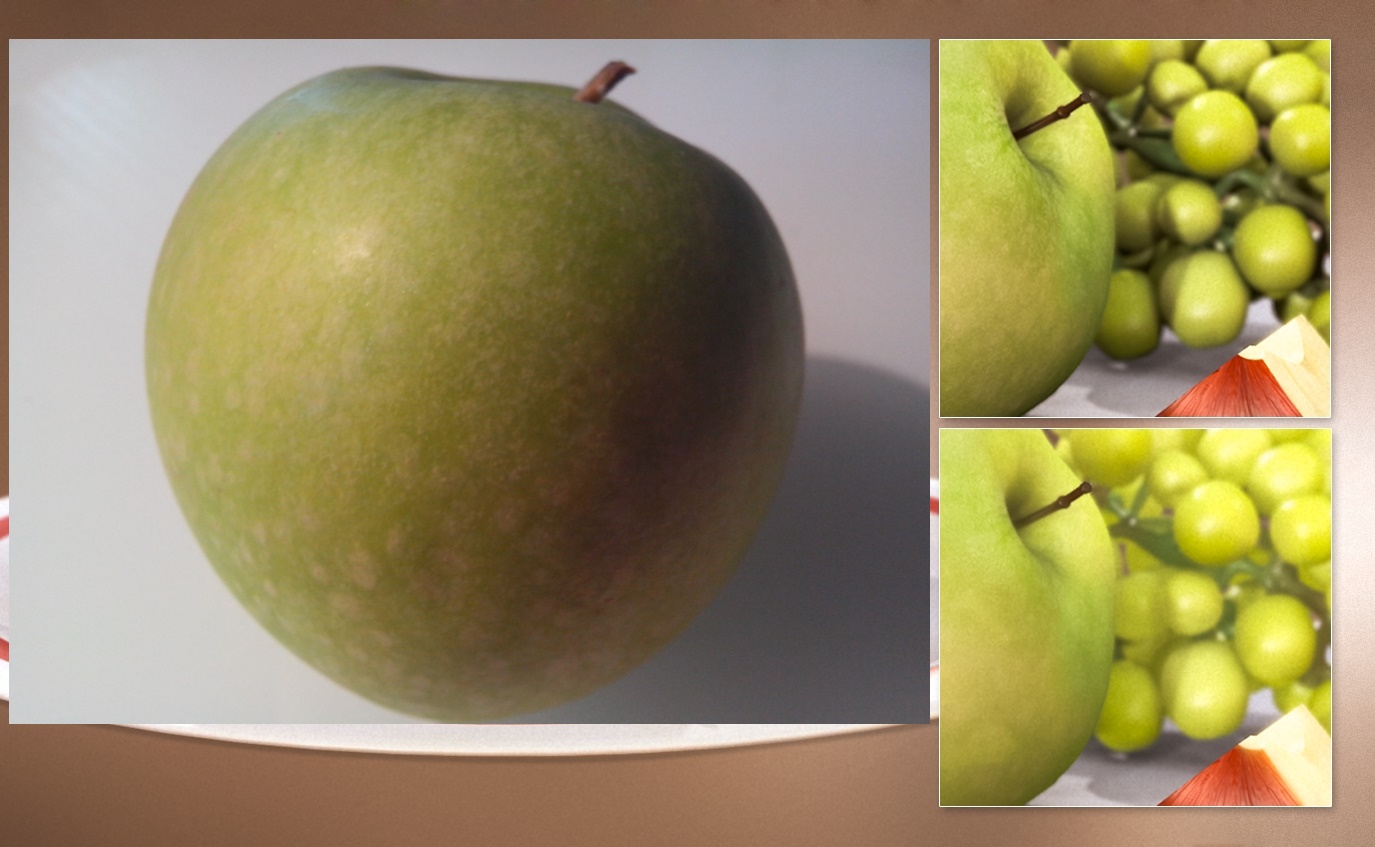 Links echter Apfel von Mike, mit Billig-Smartphone fotografiert. Die neue Methode der TU Wien; rechts oben: ohne Subsurface Scattering; rechts unten: mit Subsurface Scattering. (Foto: TU Wien / mn)