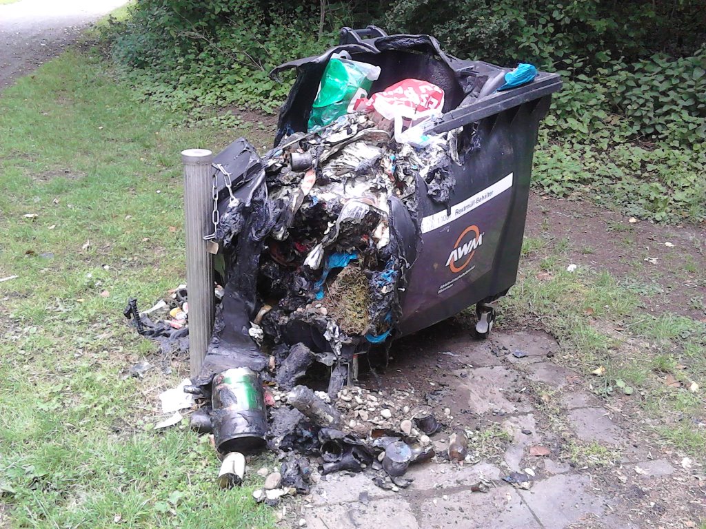 "Müll-Straßenkunst" am Fasaneriesee München. Das kommt dabei raus, wenn im Grillbereich Metall-Müllcontainer durch Plastik-Container ersetzt werden und Leute dann heiße Asche reinschmeißen. (Foto: mn)