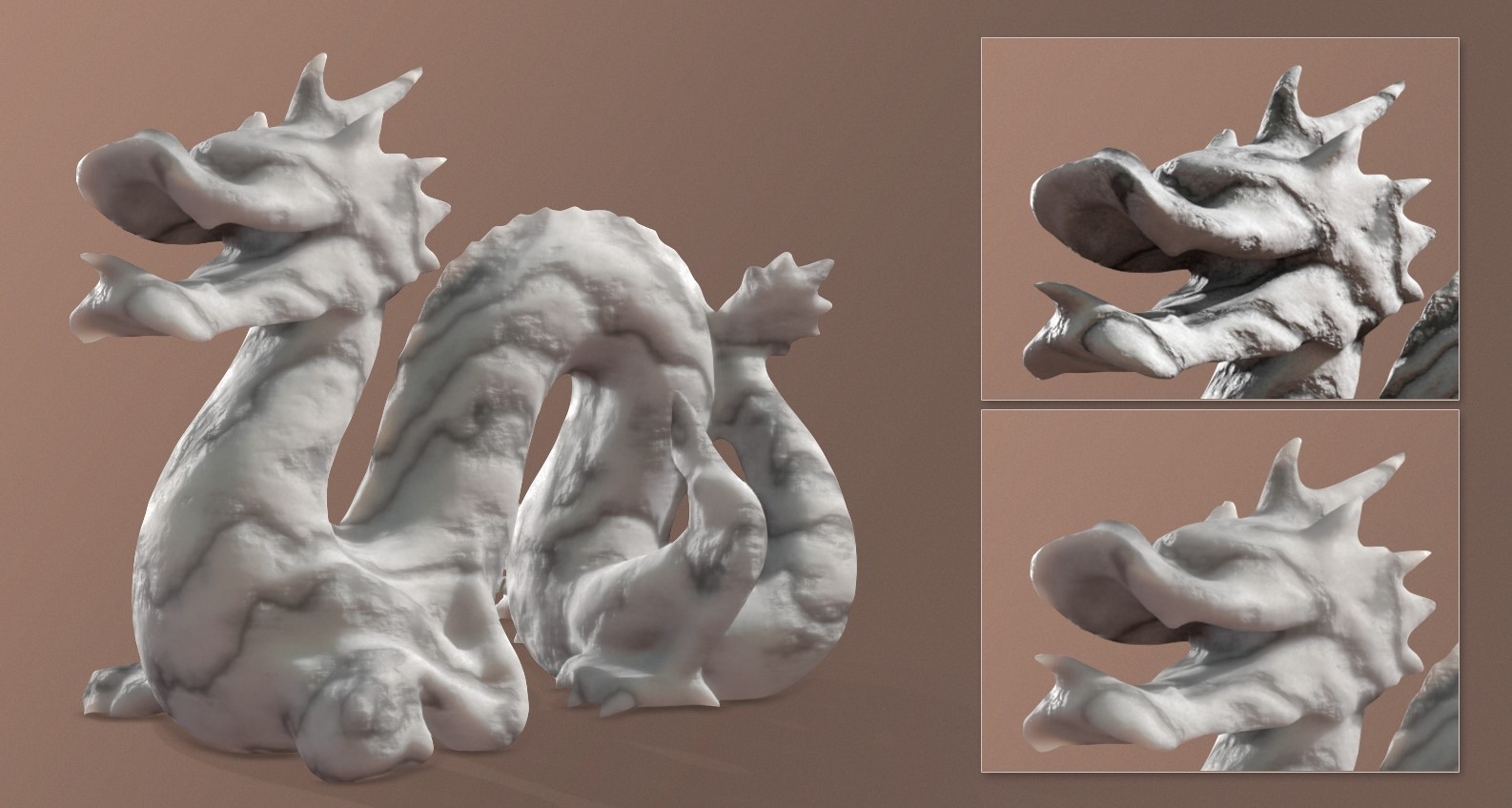 Links: die neue Methode; rechts oben: ohne Subsurface Scattering; rechts unten: mit Subsurface Scattering. (Foto: TU Wien)