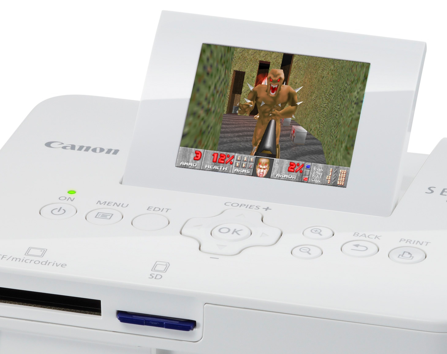 Canon-Drucker mit Doom. (Foto Drucker: Canon, Fotomontage mit Doom: mn)