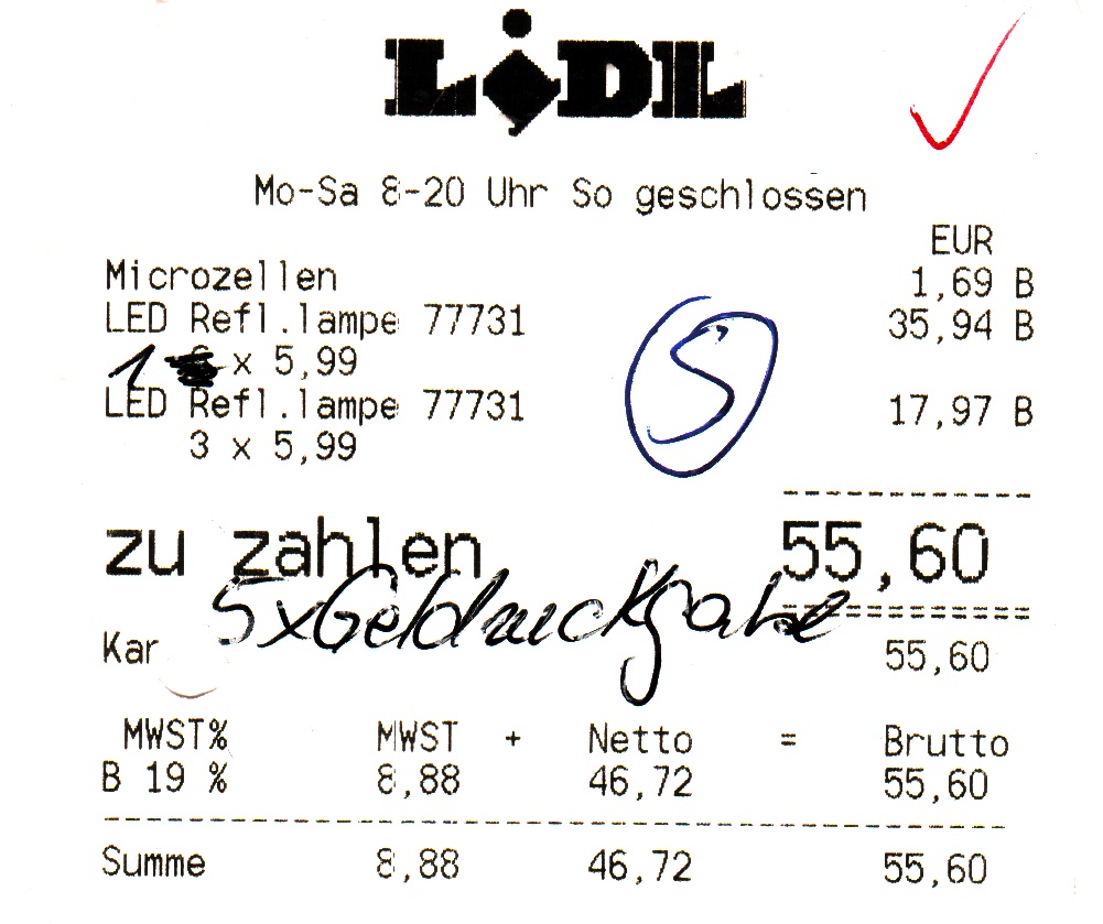 Die 5 kaputten LED-Leuchtmittel wurden von Lidl zurückgenommen, 30 Euro erstattet.