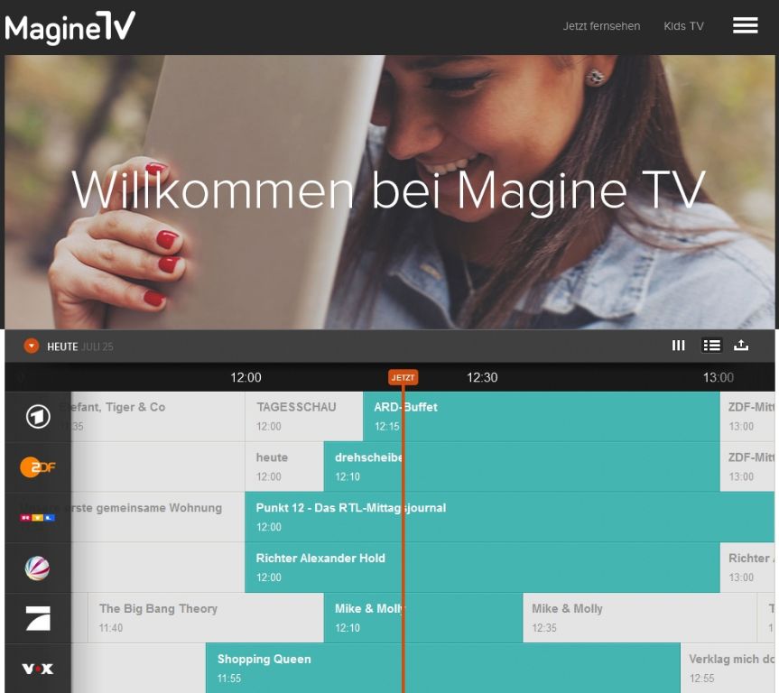 Browser-Version von MagineTV. Über die Programmübersicht lassen sich alle TV-Sender bequem überblicken und Sendungen starten.