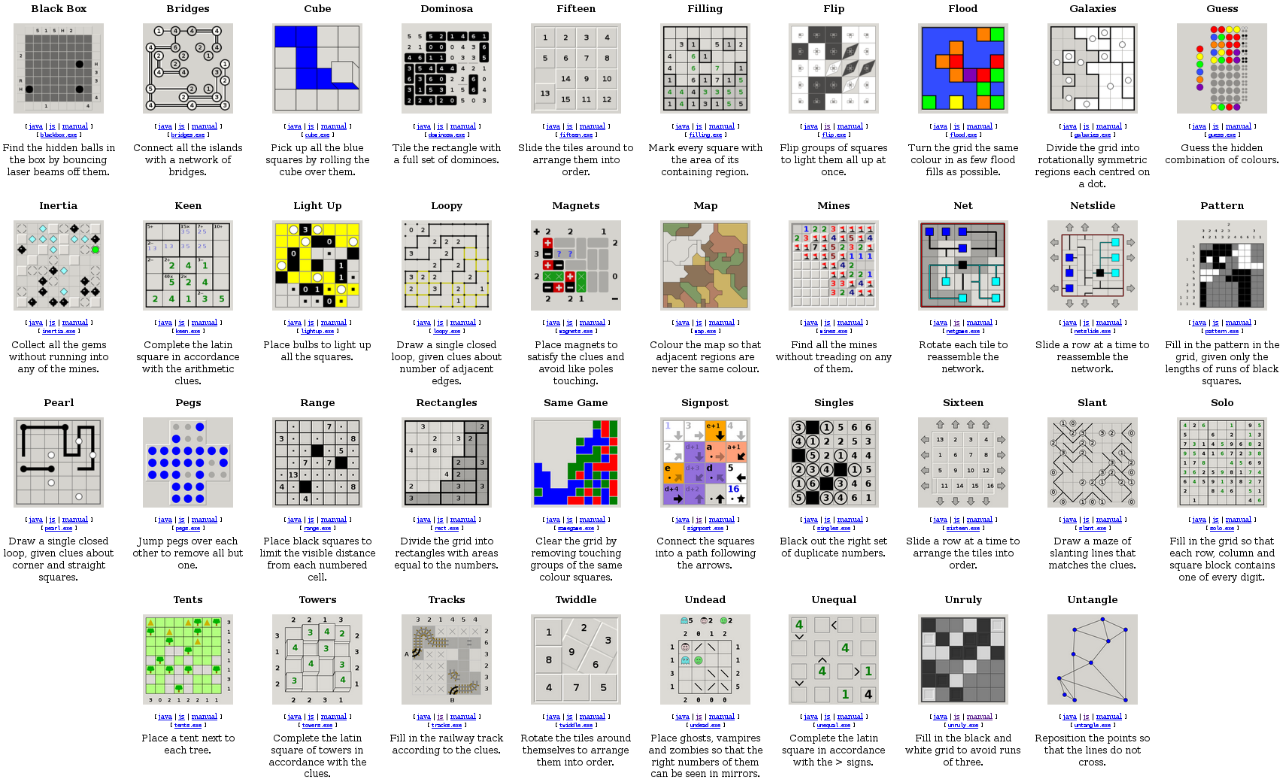 Alle 38 Spiele in der Übersicht (Quelle: Screenshot mit angepasstem Ausschnitt von www.chiark.greenend.org.uk/~sgtatham/puzzles/ )