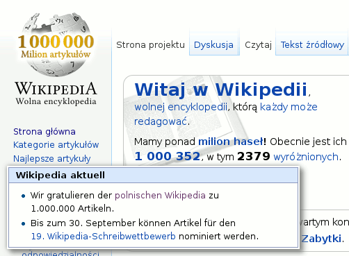 pl.wikipedia.org mit Millionenlogo und Glückwünsche auf de.wikipedia.org
